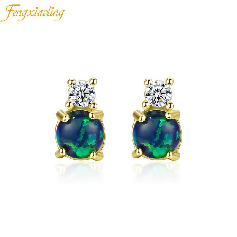 

Stud Piercing Pendientes 925 Sterling Silver Cute Round Opal Zircon Earring For Women Wedding Anniversary Fine Jewerly, Golden;silver