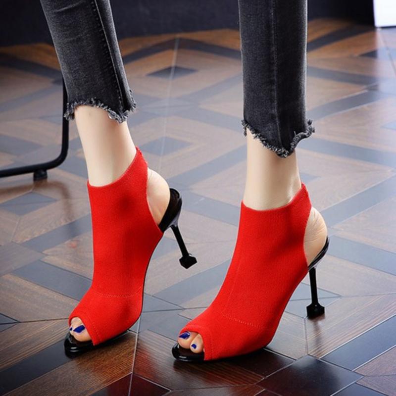 

Fashion Women's Sandals Luxury Female Shoe Summer Sandal For Women Wedding Heels Red Knitting Fish Mouth Sexy High Shoes Dress, Black