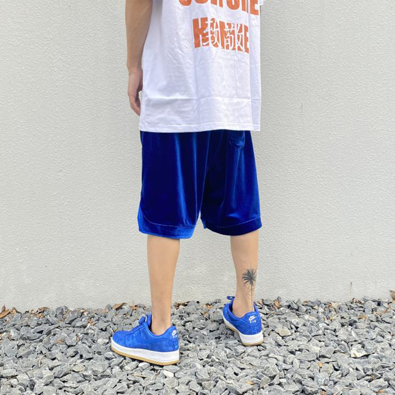 

New 2021 Kanye West Streetwear Blue Black Veet Loose Casual Mens Drawstring Velour Zipper Pockets Five Points Shorts Harajuku DCC0, White;black