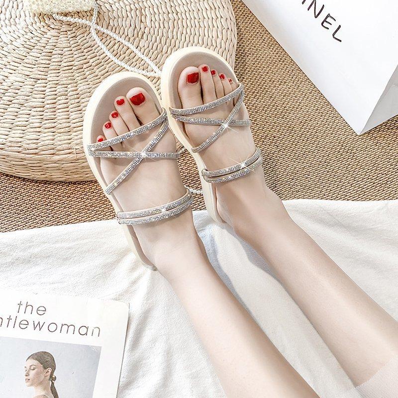 

Slippers Women Sandals Summer Buckle Strappy Toe Beach Shoes Ladies Sexy Rhinestones Platform Rhinestone Soft Sole, Beige
