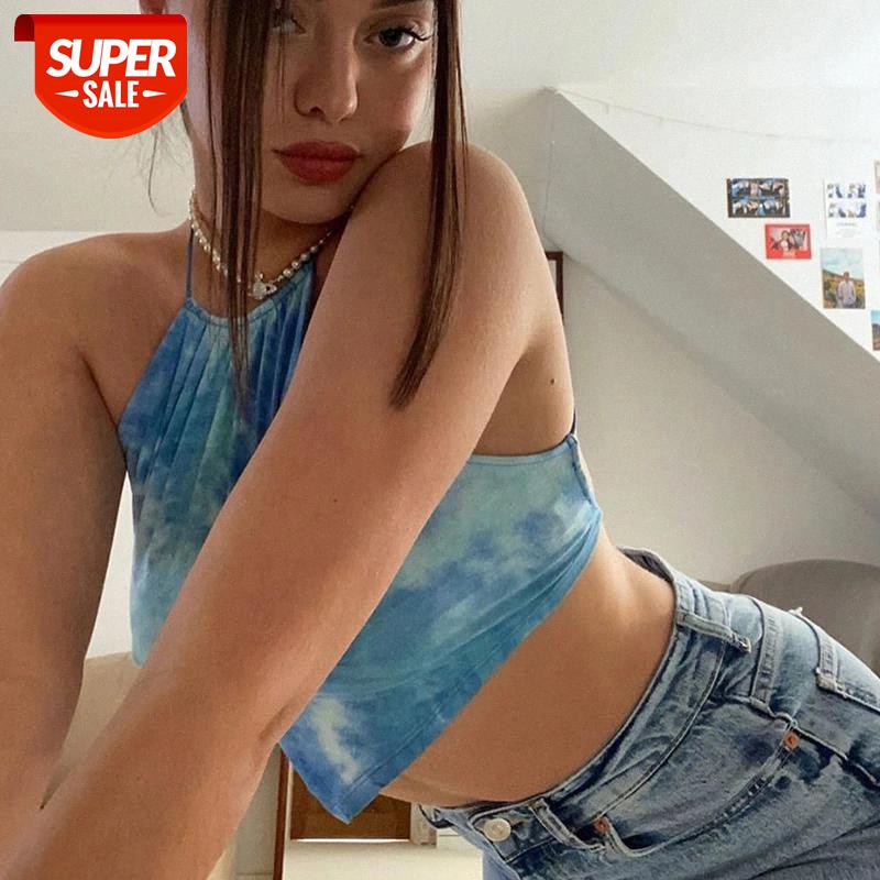 

Summer Tie Dye Backless Bandage Crop Tops E-Girl Chic Sexy Lace up Halter Party Top Fashion Streetwear Camis Club #Or0o, White