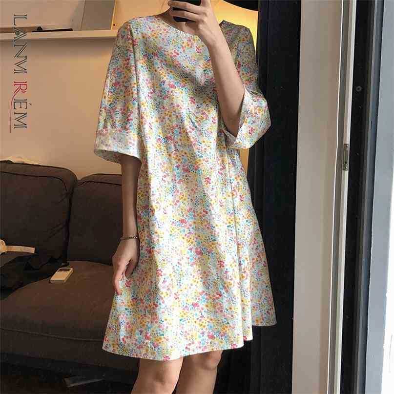 

Women Printing Mini Dress Round Neck Three Quarter Sleeve Loose Fit Fashion Spring Autumn 2E1552 210526, Picture color