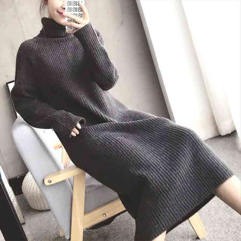 

korean version sweet winter knitted women dress sweater office casual fashion pit pattern turtleneck wrap solid color dresses, Black;gray