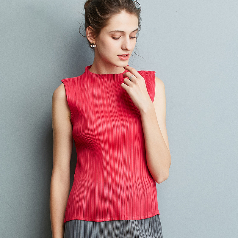 

Pleated Top Women's Summer 2021 New Stand-up Collar Sleeveless Shirt Outer Wear Vest T-shirt Aesthetic Clothes K267, Watermelon red