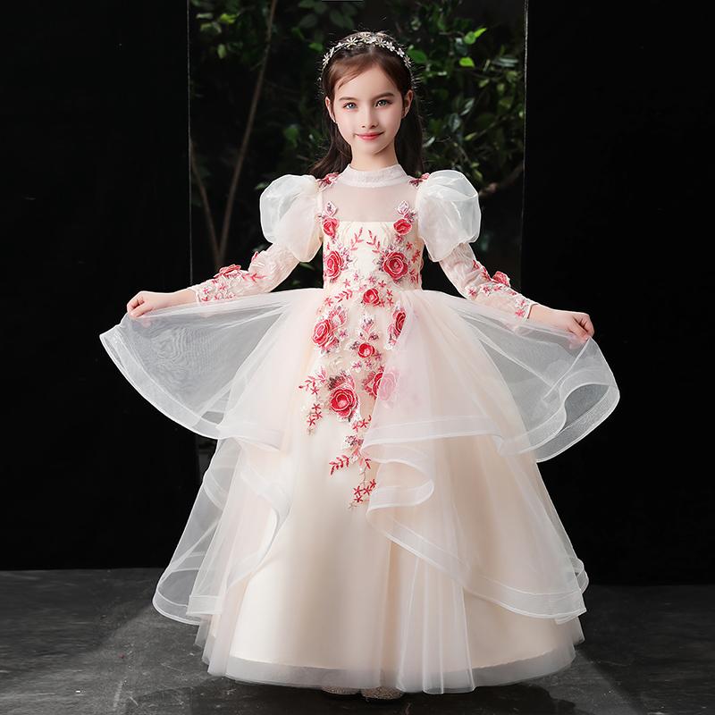 

Girl's Dresses Romantic 3D Floral Flower Girl For Wedding Puff Sleeves Tiered Walk Show Robe Kids Dance Performance Pageant Gowns, Red;yellow
