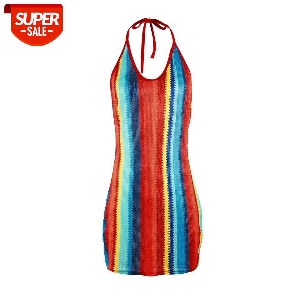

Women Sexy Halterneck Stripe Blackless Mini Dress Bodycon Evening Party Clubwear #M510, Black;gray