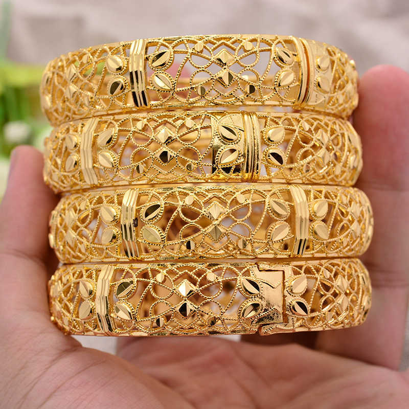 

4pcs/lot 24k Large Widewedding Gold Color Bangles for Women Wife Dubai Bride Ethiopian Bracelet Africa Bangle Arab Jewelry Q0720