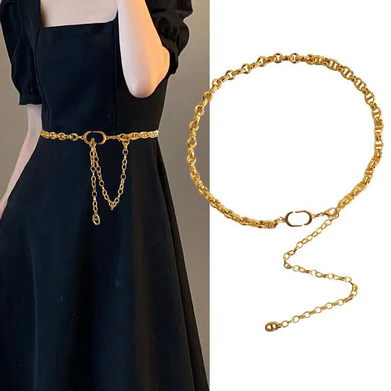 

Laides Gold Silver Waist Chains Bronze Designer Belts For Women Fashion Metal Waistband Luxury Dress Accessories Letter Chain Girdle Belt, Free