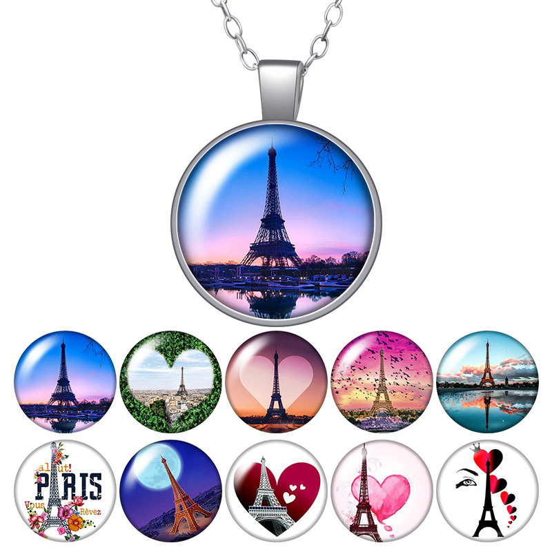 

View of the Paris Tower Scenery Pattern Round Pendant Necklace 25mm Glass Cabochon Silver Plated Jewelry Women Birthday Gift