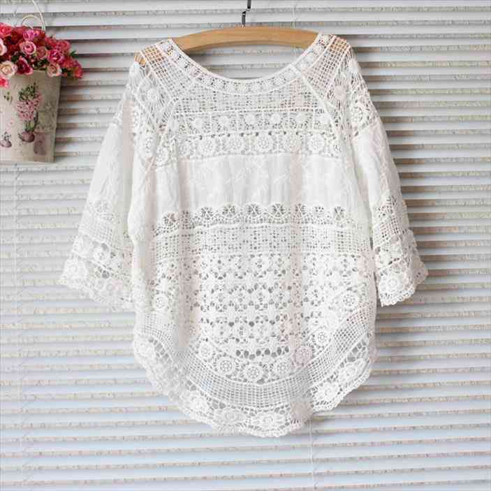 

Summer Lace Womens Tops And Blouses Camisa Feminina Blusa Mujer Chemise Femme Korean Blouse Shirt Women Sun Protection, White