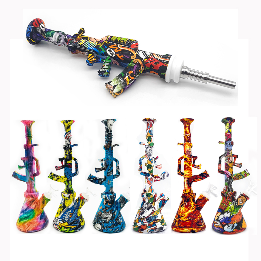 

silicone bong AK47 printed Nectar Collector Kit hookah Dab Rigs beaker smoking bong water pipes glass bong with metal nails