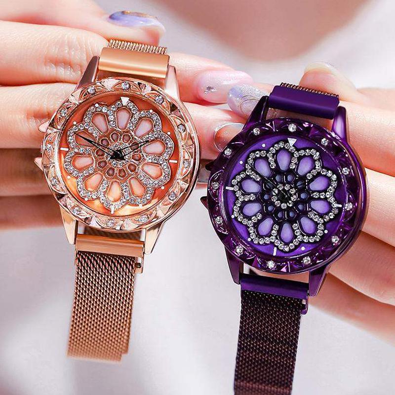 

Wristwatches Fashion Luxury Women Watch Rhinestone Quartz Ladies Wristwatch Mesh Magnet 360 Degree Rotating Dial Relógio Femin, Blue