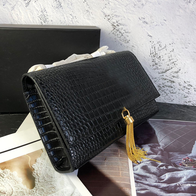 

Paris fashion classic Crocodile leather women bags metal letter chain tassel shoulder bag handbag lady messenger crossbody Handbags Purse, Black-gold hardware