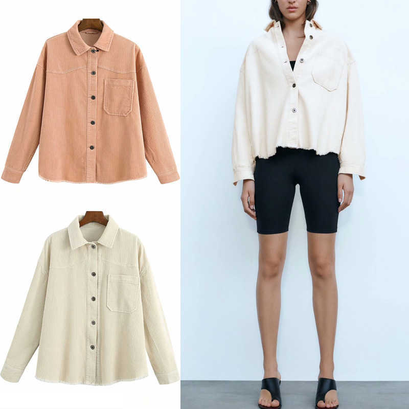 

Za Autumn Women Corduroy Overshirt Front Patch Pocket Frayed Hem Jacket Lapel Collar Long Sleeve Coat Woman Outerwear Top 210602