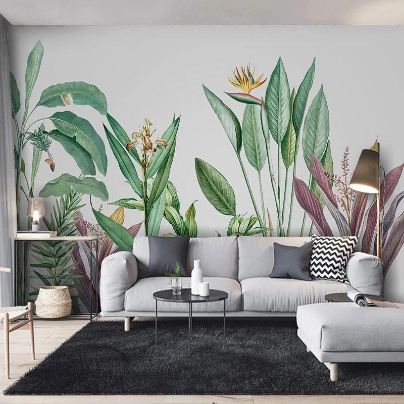

Wallpapers Custom Murals 3D Self Adhesive Wallpaper Modern Hand Painted Tropical Plants Living Room TV Bedroom Background Wall Stickers, Silver cloth