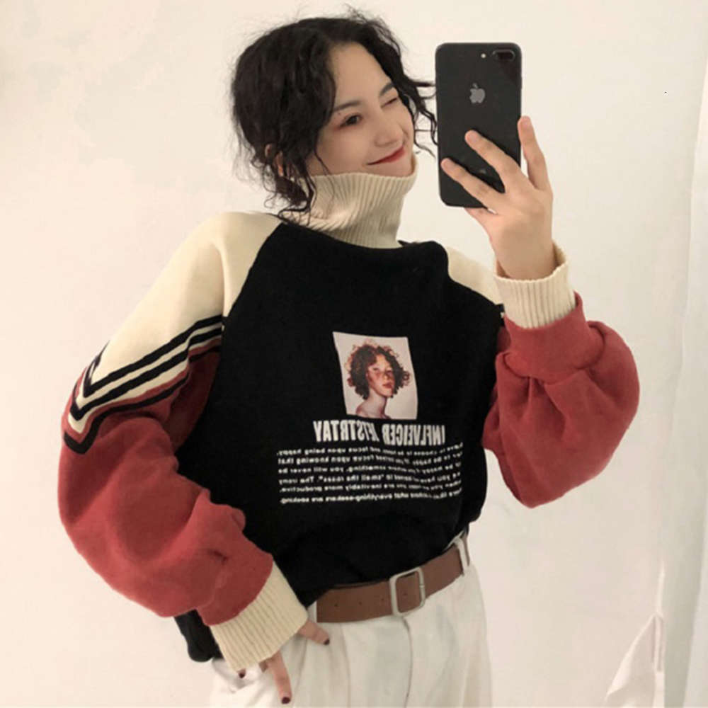 

Winter new Korean fashion high collar plus velvet thick long-sleeved u Harajuku loose head casual female sweatshirt, Black