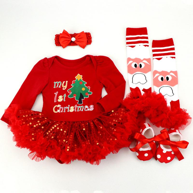 

Clothing Sets 4pcs Christmas Young Children Clothes Girl Bow Headband Xmas Tree Print Romper Sequins Tulle Tutu Skirt Santa Claus Socks Shoe, White