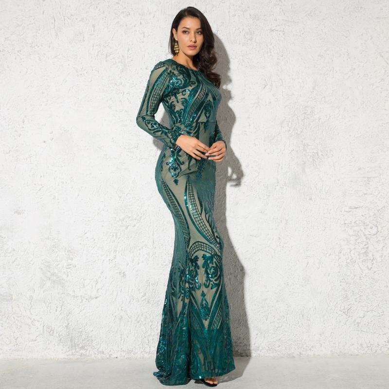 

Casual Dresses Autumn Sequined Maxi Dress Full Sleeved O Neck Stretch Eimpire Ball Gown Evening Party Green Burgundy Zipper