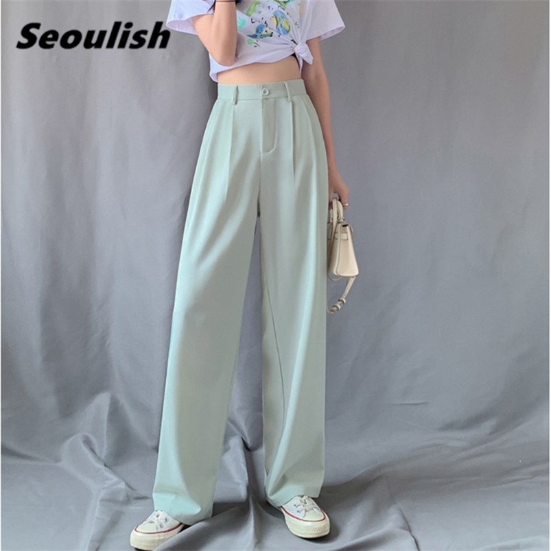 

Seoulish Summer Autumn Ice Silk Women Wide Leg Pants High Waist Elegant Long Pants Work Casual Loose Trousers Female 210721, Blue(regular)