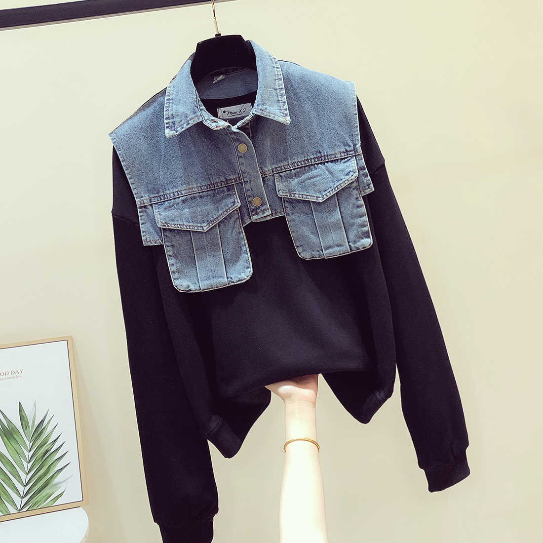 

Autumn and Winter Denim Patchwork Fake Two Top Turn Down Collar Loose BF Sweatshirt Women 210615, Black