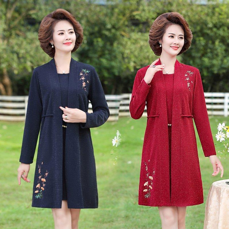 

Casual Dresses Oriental Style Women Fake Two Pieces Blue Red Flower Knee Length Cardiagn Long Sleeve Elegant Dress Woman Spring, Navy blue