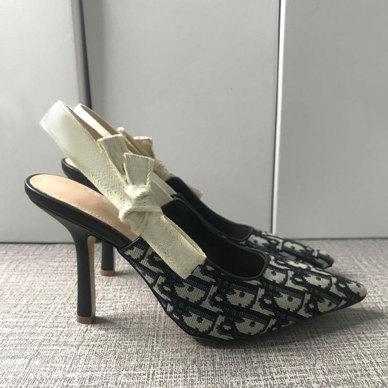 

High heeled sandals designer leather women's shoes summer single shoe elastic band color matching back hollow pointed bow office dress, Black