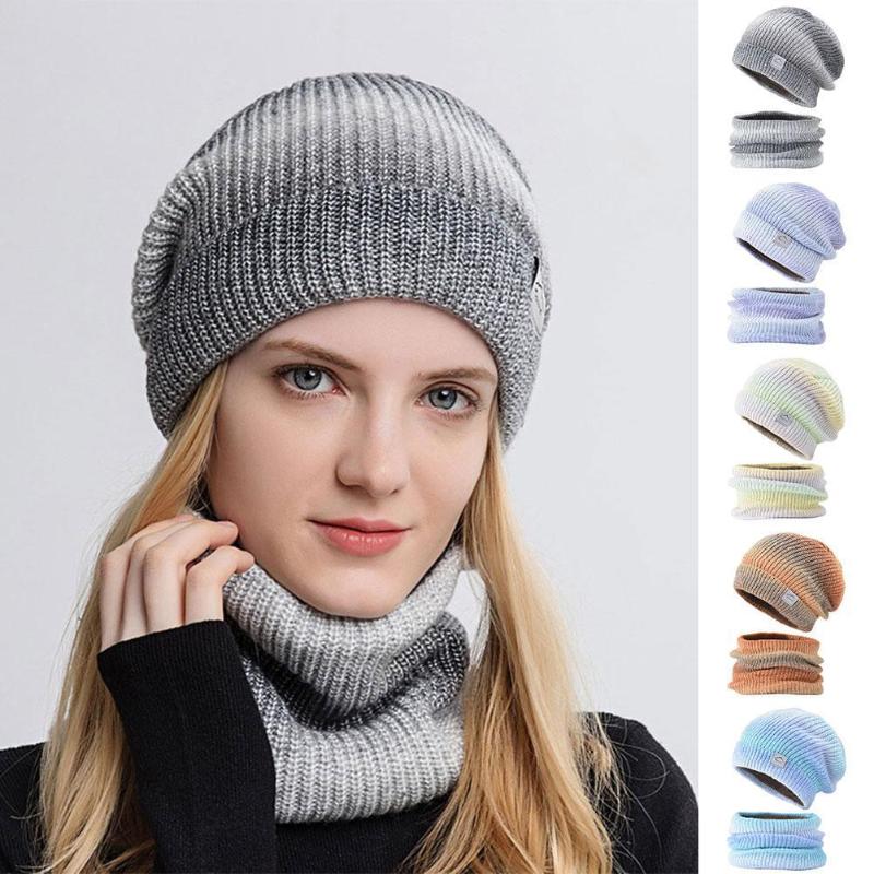

Beanies 2021 Fashion Autumn And Winter Gradient Color Wool Cap Two-piece Knitted Hat Thickened Keep Warm Ear Protection Cold Proof