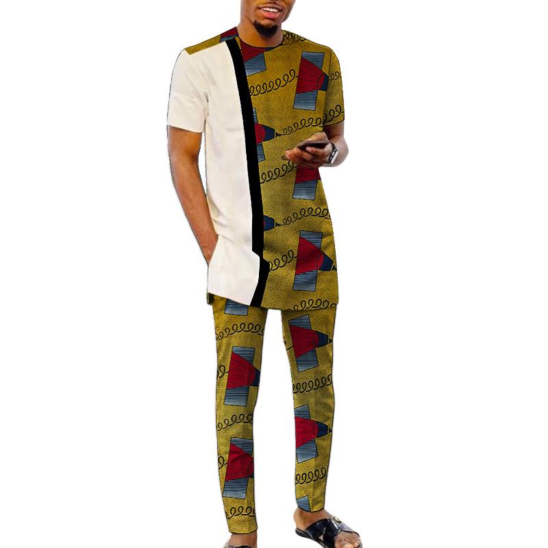 

Men' Tracksuits Wedding Suits Festival Patchwork Tops Short Sleeve With Long Pants African National Style Occasion Male Costume Customized