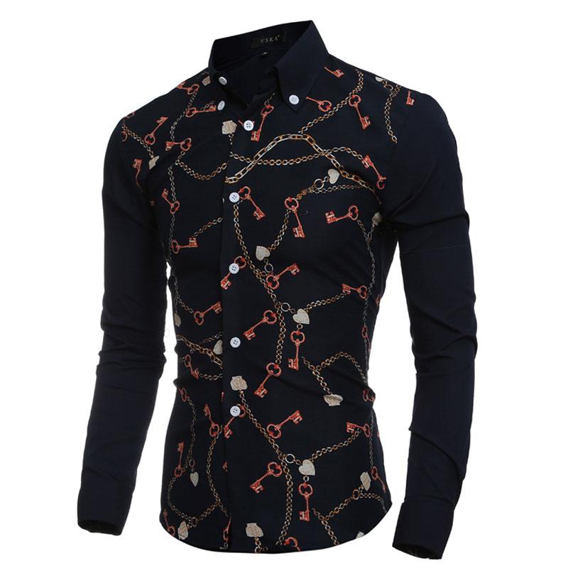 

Men's Dress Shirts 2021 Fashion Key & Chain Prints Mens Long Sleeve Slim Fit Casual Social Camisas Masculinas For Man Chemise Homme, As pic