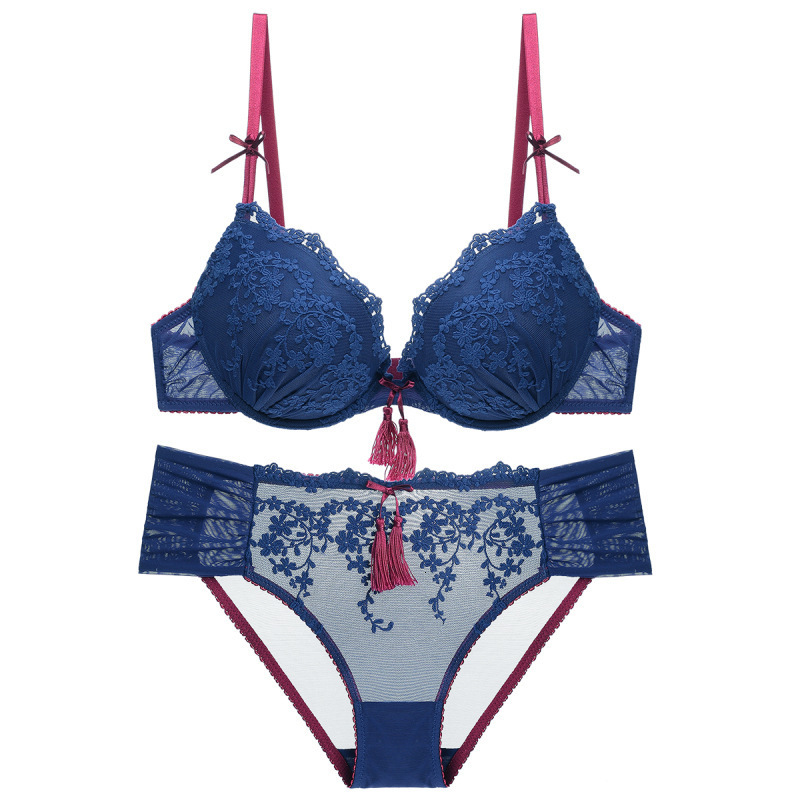 

bras sets lace embroidered bra suit deep v micro gathered adjustable girl cute tassel underwear, Red;black