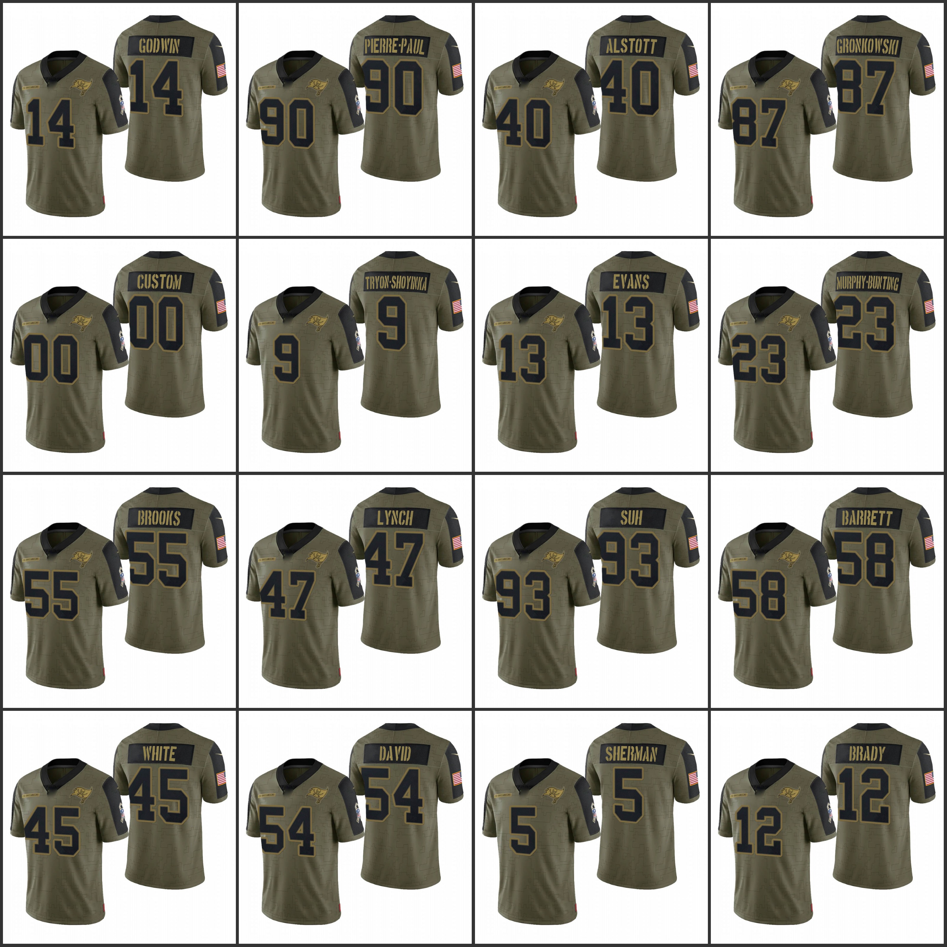 

Jersey Tampa''Bay''Buccaneers''Men #13 Mike Evans 14 Chris Godwin 12 Tom Brady Custom Women Youth''NFL''Olive Salute To Service Limited