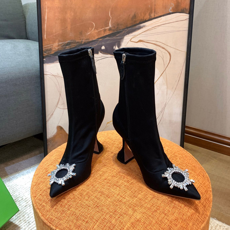 

Autumn and winter Short boots designer Sunflower Rhinestone Genuine Leather bottom 95cm goblet zip latest fashion Black stretch boot Satin S