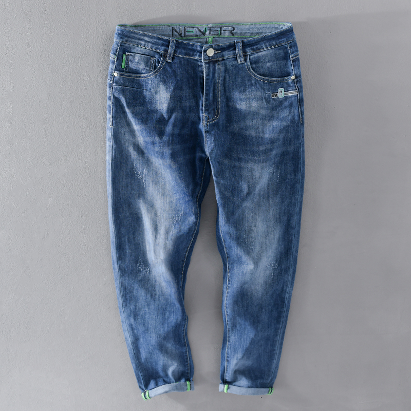 

2021 Design Ankle-length of Men's Brem-length Stretch Mark Denim Cotton Pants Pantalones Un Pantalon O05o, Blue