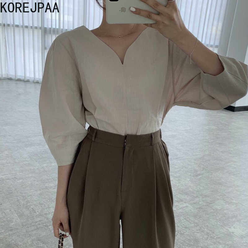 

Korejpaa Women Shirt Summer Korean Chic Ladies Minimalism V-neck Solid Color Loose Versatile Seven-Point Puff Sleeve Blouse 210526, Blue