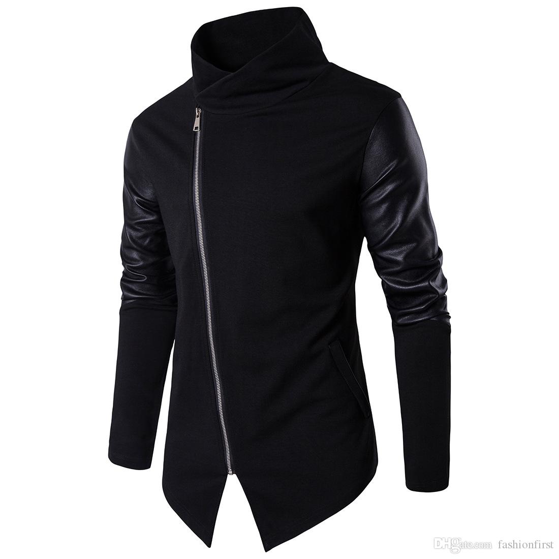 

spring Hoodies clothing stand collar hoody knitwear patchwork leather knitted hoodie pure cotton Sweatshirts black color