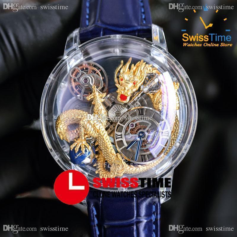 

Astronomia Tourbillon 18K Yellow Gold Dragon Swiss Quartz Mens Watch Pave Piece Unique Fully Transparent Glass 3D Engraving Blue Leather Super Edition Swisstime C3, Jc-01c