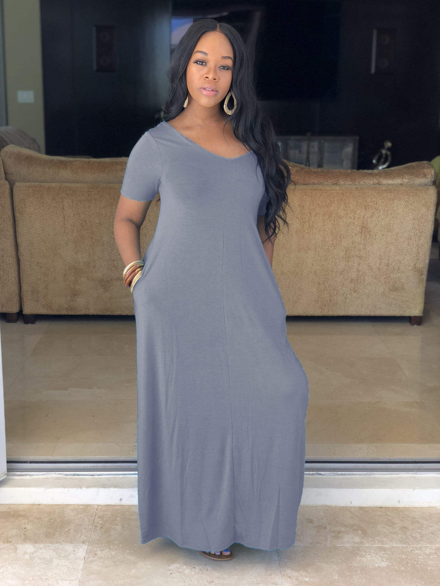 

2021 New Spring Summer Women Sexy Party Es Vestidos Plus Size Solid Short Sleeve Loose Long Maxi Casual W3g2, Red