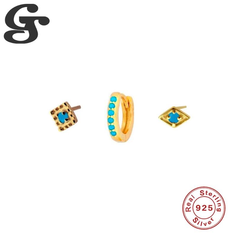 

GS 3pcs/set Earrings Hoops 3 in 1 925 Sterling Silver Piercing Stud Ear Rings with Turquoise for Women 20211 New Year Decorate