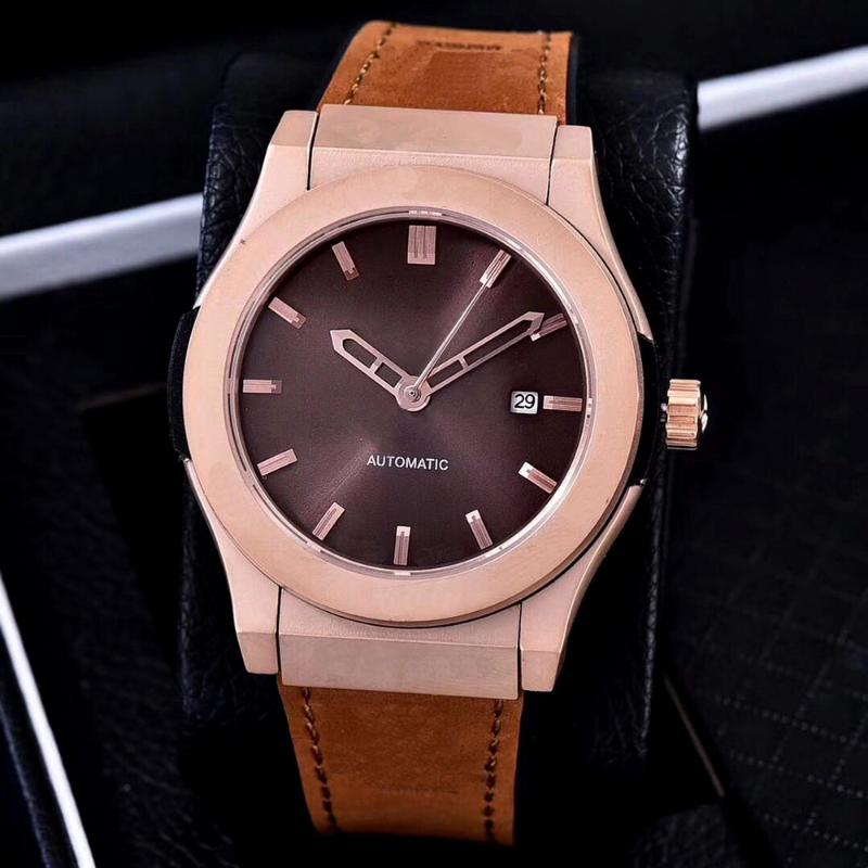 

Wristwatches High-end Men's Mechanical Watch Automatic Stainless Steel Black Brown Leather Rose Gold Blue Sapphire Glass, Slivery;brown