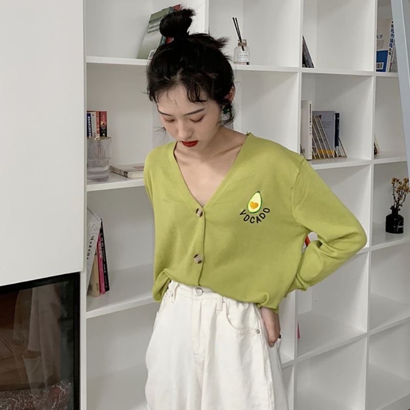 

2021 New Harajuku Vintage Avocado Embroidered Female Mesh Sweater Summer Oversized Sleeve Long Cardigan Ulzzang Schoolgirl Streetwear Zx3o, Army green.