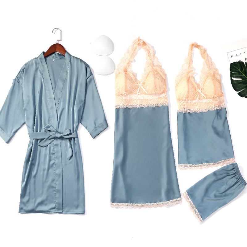 

Summer Women 4pcs Pajamas Sweet Competition Satan Tally Dress Sexy V-neck Up & Shorts House Wear Cute Bow Robe to Cut Suit T5xf, Black