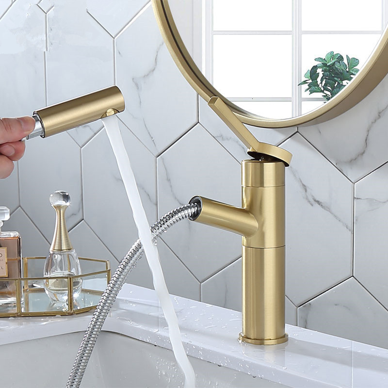 

2021 New Pull Out Bathroom Basin Faucet with Shower Head Water Mixer Sink Single Handle Deck Mounted Brushed Gold Tap Uunm
