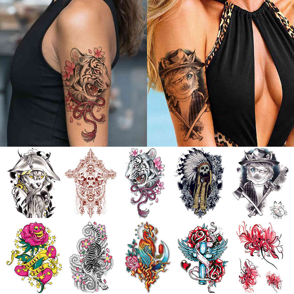 

Flowers temporary stickers Woman girl sexy body waterproof s Cat tiger skull realistic arm tattoo for men boys