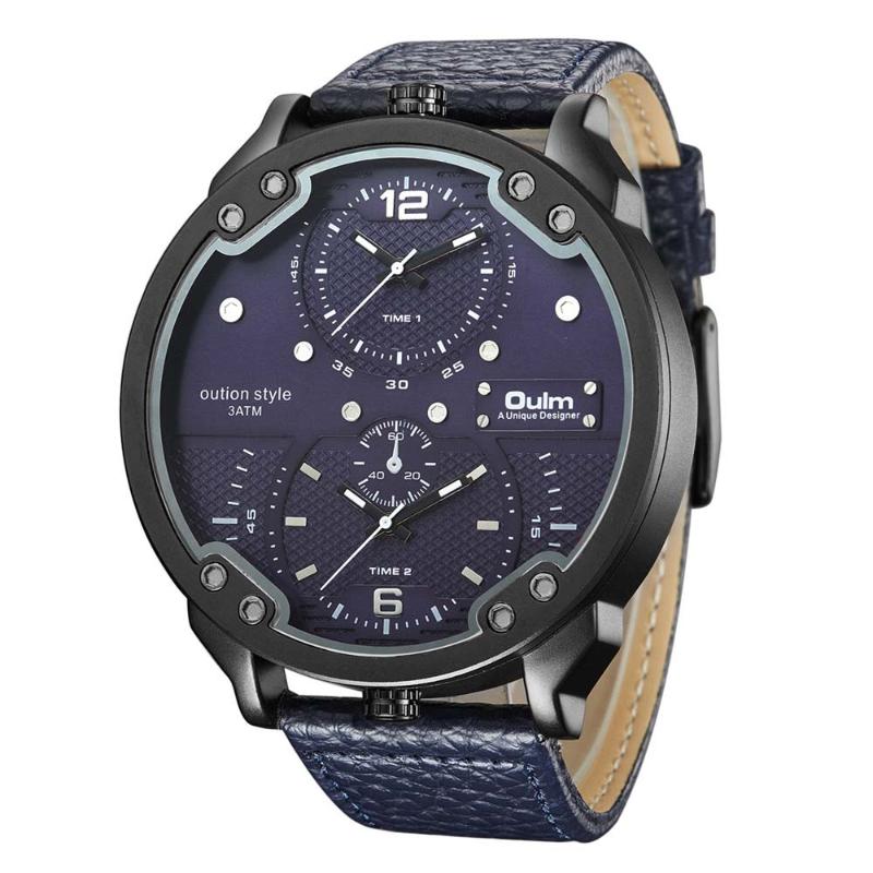 

Wristwatches Oulm Male PU Leather Quartz Clock Men's Casual Sports Watches Unique Design Big Watch Double Time Zone Men Luxury Wristwatch, M3548black