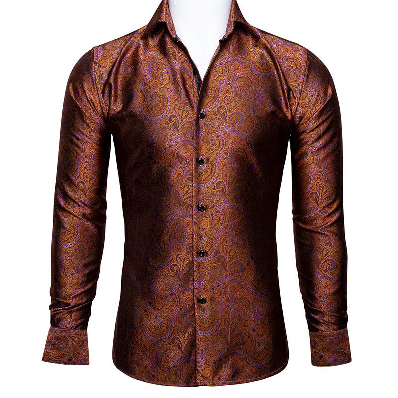 

Men' Dress Shirts Barry.Wang Luxury Orange Paisley Silk Men Long Sleeve Casual Gold Flower For Designer Fit Shirt BCY-0030, Cy-0028