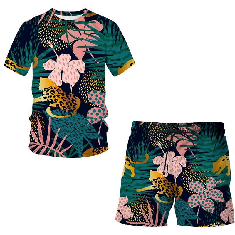 

Men's Tracksuits Jungle Animal Leopard T-Shirt+Shorts 2 Piece 2022 Summer Casual Sets Digital Printing Short Sleeve Outfit Man Beach Clothe, Gray