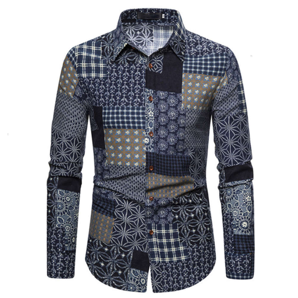 

New youth ethnic pattern printing casual long sleeve fashion slim men's large shirt CS15, White;black