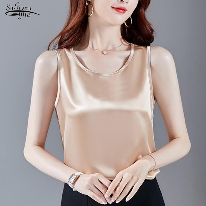 

Women' Blouses & Shirts 2021 Round Neck Wild Satin Sleeveless Blouse Women Casual Loose Solid Shirt Bottoming Tops Clothing Blusas Mujer 95, Black