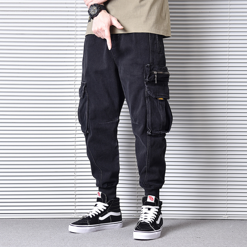

2021 New Japanese Vintage Fashion Loose Fit Multi Pockets Cargo Spliced Designer Harem Pants Streetwear Hip Hop Jeans Men Ni39, Black