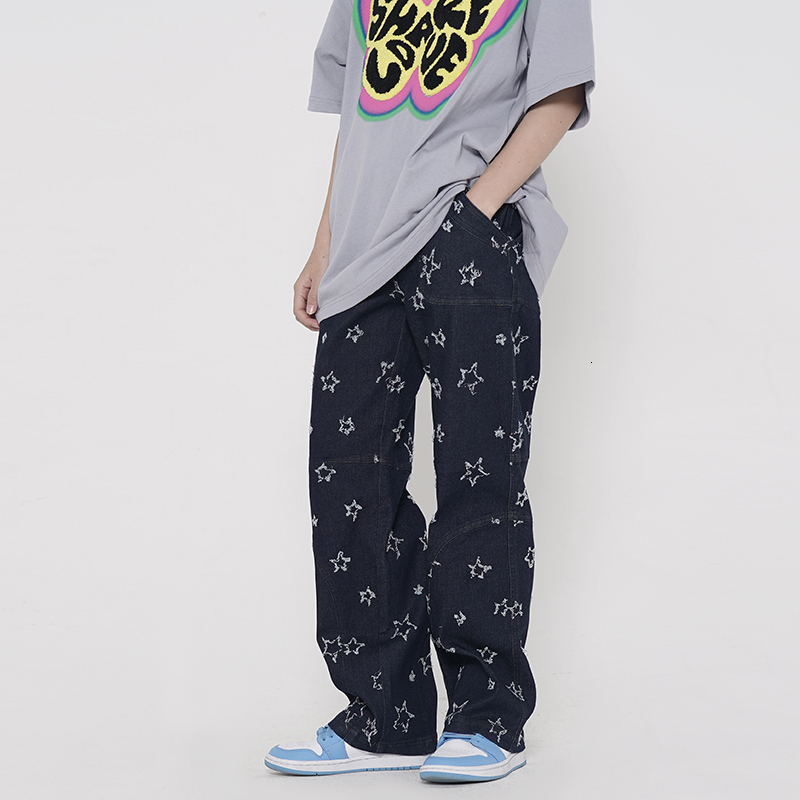 

2021 New High Street Stars Embroidered Straight Casual Jeans for Man Harajuku Retro Loose Oversize Denim Pants V6ci, Blue